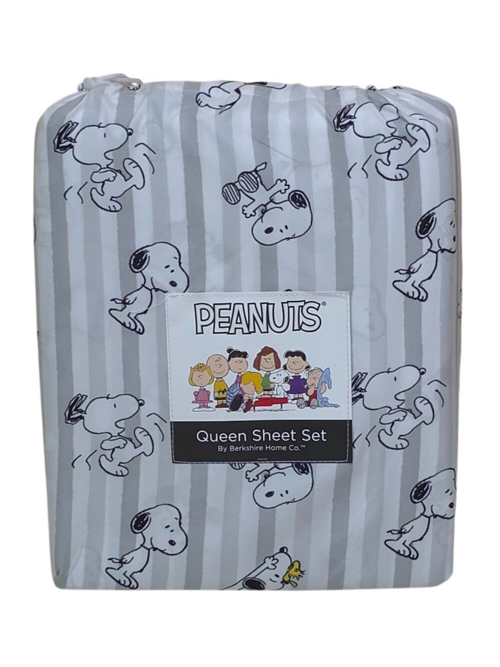 Peanuts Queen Sheet Set By Berkshire Snoopy & Woodstock Gray & White Stripes